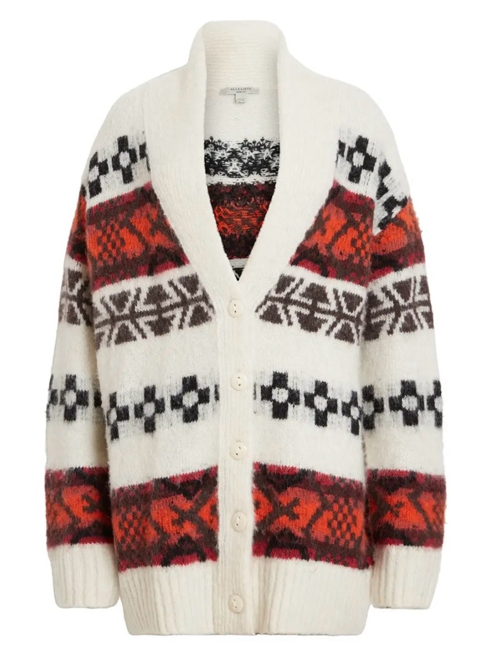 Allsaints Billy Cardigan Rich Cream & Red Fair Isle Sweater